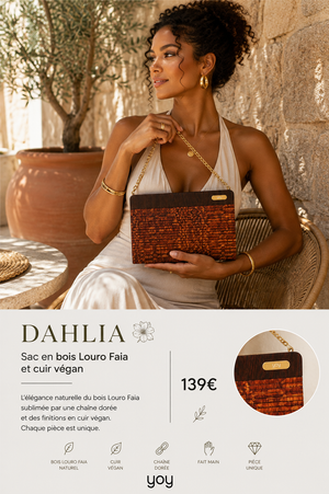 Dahlia — sac clutch en bois Louro Faia porté par une femme