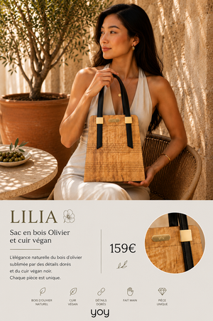 Lilia — sac en bois d'olivier porté par une femme