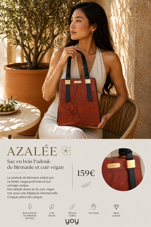 Azalée — sac en bois Padouk de Birmanie porté par une femme