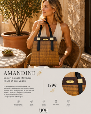 Amandine — Sac en bois de Movingui figuré & cuir végan, lifestyle