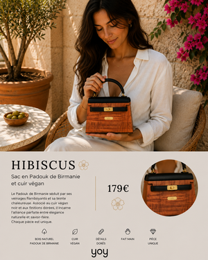 Hibiscus — Sac en bois Padouk de Birmanie & cuir végan, lifestyle