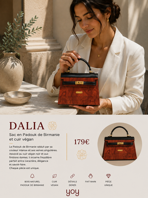 Dalia — Sac en bois Padouk de Birmanie & cuir végan, lifestyle