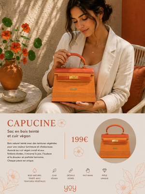 Capucine — Sac en bois teinté & cuir végan corail, lifestyle