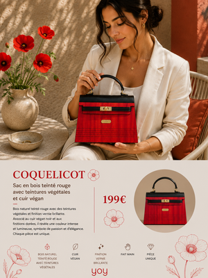 Coquelicot — Sac en bois teinté rouge & cuir végan noir, lifestyle