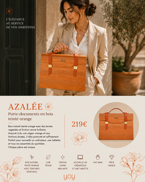 Azalée – porte-documents en bois teinté orange, cuir végan et finitions dorées