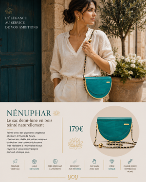 Sac Nénuphar – demi-lune en bois teinté naturellement