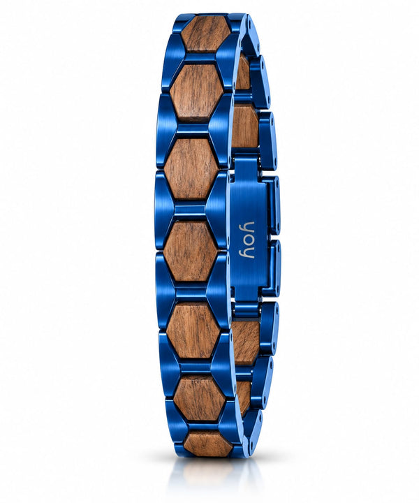 Bracelet Congo en noyer et acier bleu hexagonal