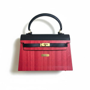 Coquelicot — Sac en bois teinté rouge & cuir végan noir, fond blanc, vue face