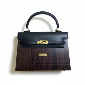 Orchidée — Sac en bois Wengé & cuir végan, fond blanc, vue face