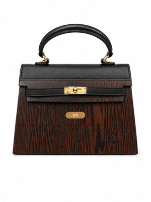 Orchidée — Sac en bois Wengé & cuir végan, fond blanc, vue 3/4