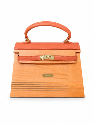 Capucine — Sac en bois teinté & cuir végan corail, fond blanc, vue dos
