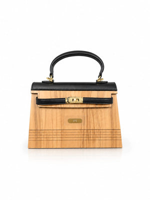Jasmin — Sac en bois d'olivier & cuir végan, fond blanc, vue face