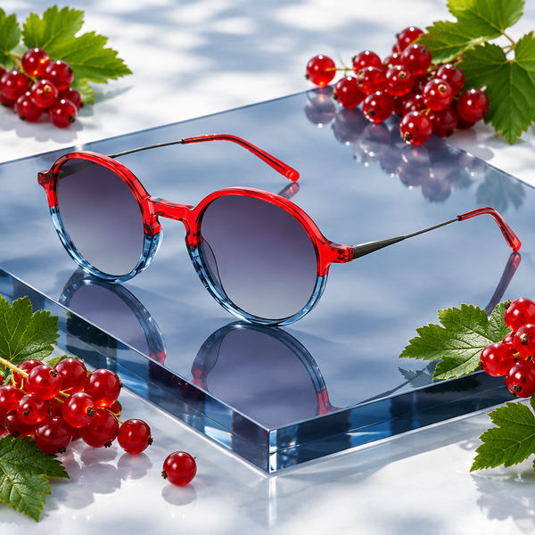 Lunettes Groseille posées près de grappes de groseilles rouges