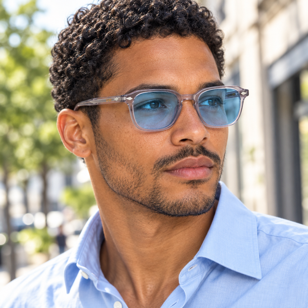 Homme portant les lunettes Quetsche à verres bleu ciel transparents