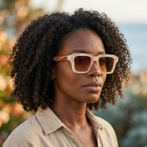 Lunettes Barcelone bois et acétate portées par une femme