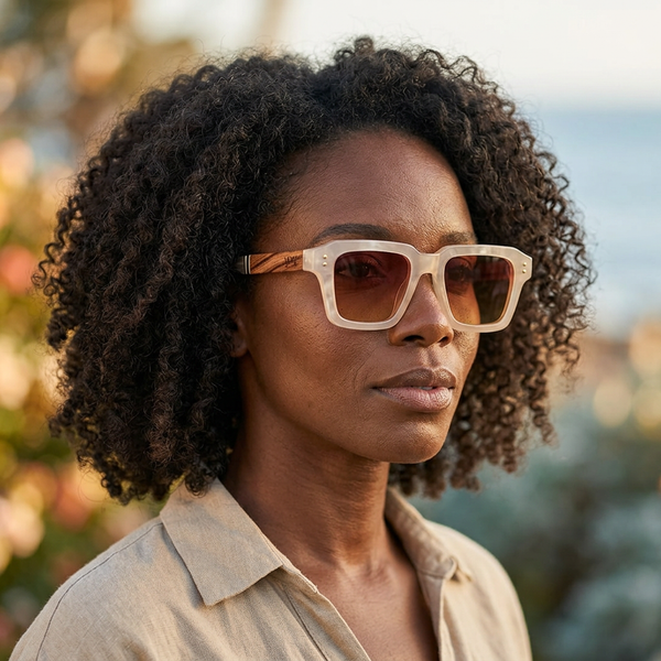 Lunettes Barcelone bois et acétate portées par une femme