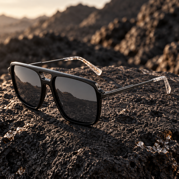 Lunettes de soleil Cassis posées sur une roche volcanique noire
