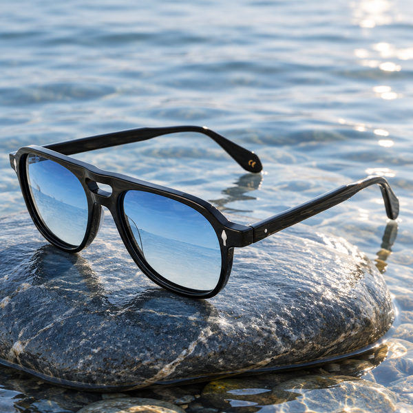 Lunettes de soleil Prunelle posées sur un galet bleu ardoise