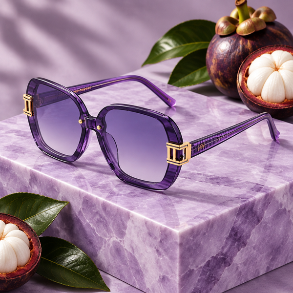 Lunettes Mangoustan posées sur du marbre lilas près d’un mangoustan