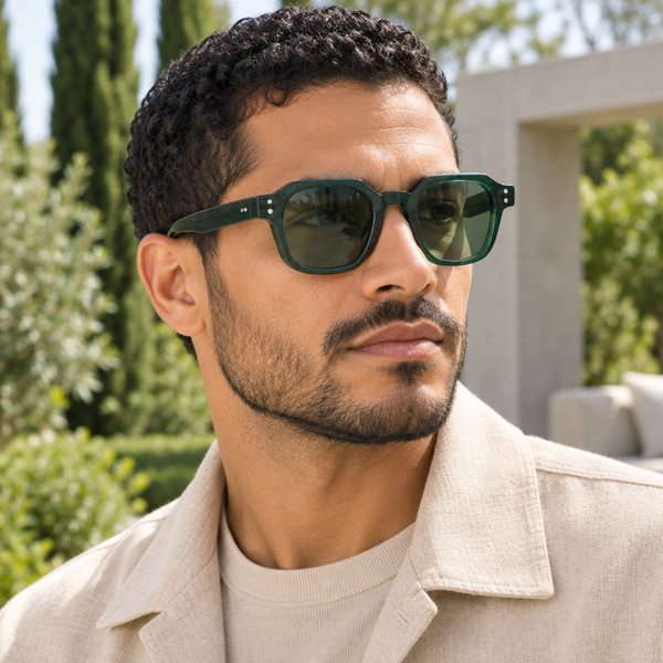 Lunettes de soleil Pistache en acétate vert bouteille portées par un homme