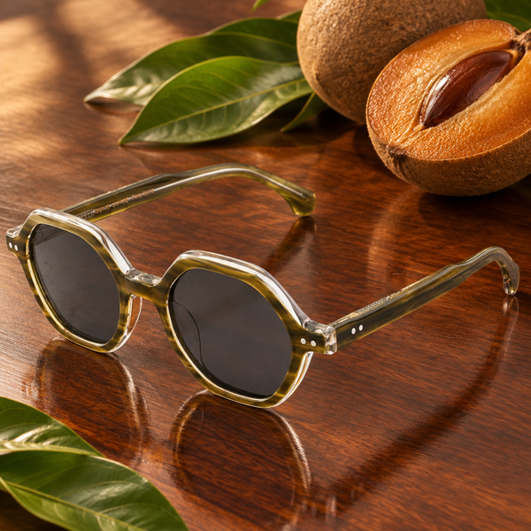 Lunettes Sapote posées sur du bois près d’un fruit sapote