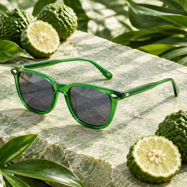 Lunettes de soleil Combava posées près de combavas verts