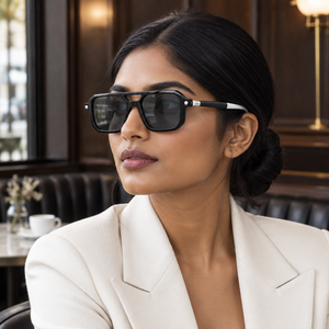 Femme portant les lunettes Aronia aviateur noires
