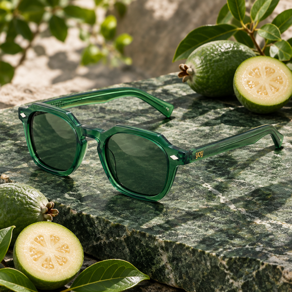 Lunettes de soleil Feijoa posées près de fruits feijoa