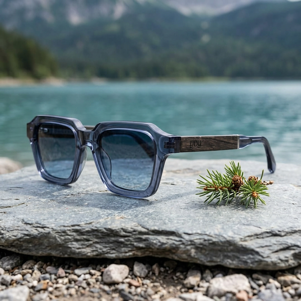 Lunettes Milan sur une pierre au bord d’un lac alpin