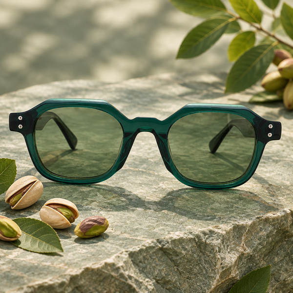 Lunettes de soleil Pistache en acétate vert bouteille dans un décor naturel
