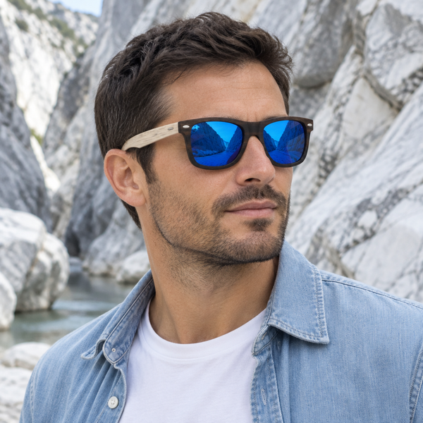 Homme portant les Howolite verres bleus dans un canyon de marbre blanc