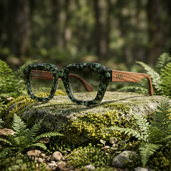 Lunettes Prague sur une pierre moussue dans un décor de forêt