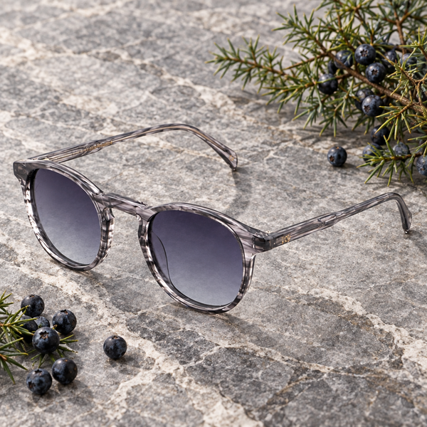 Lunettes Genièvre posées sur une pierre grise près de baies de genièvre