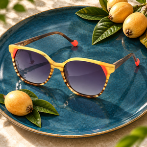 Lunettes Nèfle posées sur une céramique bleu pétrole près de fruits nèfles