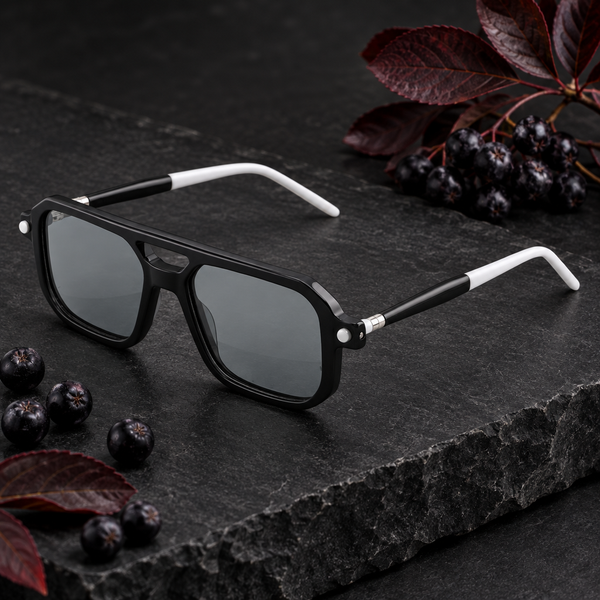 Lunettes Aronia posées sur une pierre noire avec des baies d’aronia
