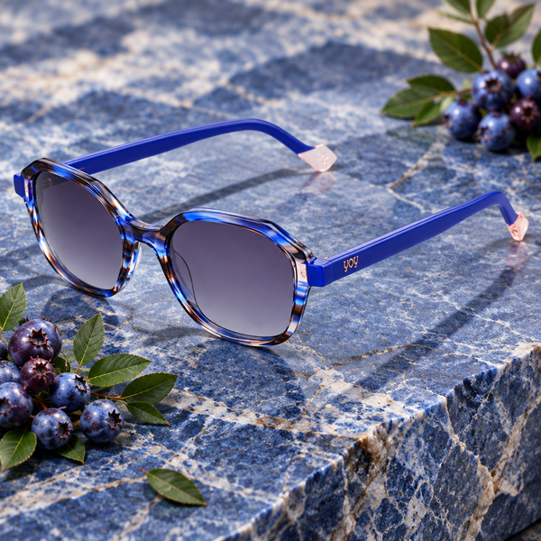 Lunettes Amélanche posées sur une pierre bleue près de baies d’amélanche
