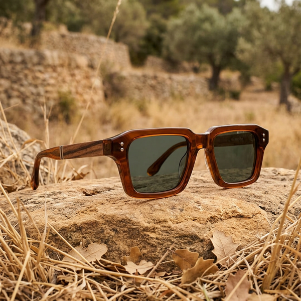 Lunettes Madrid sur une pierre parmi des herbes dorées