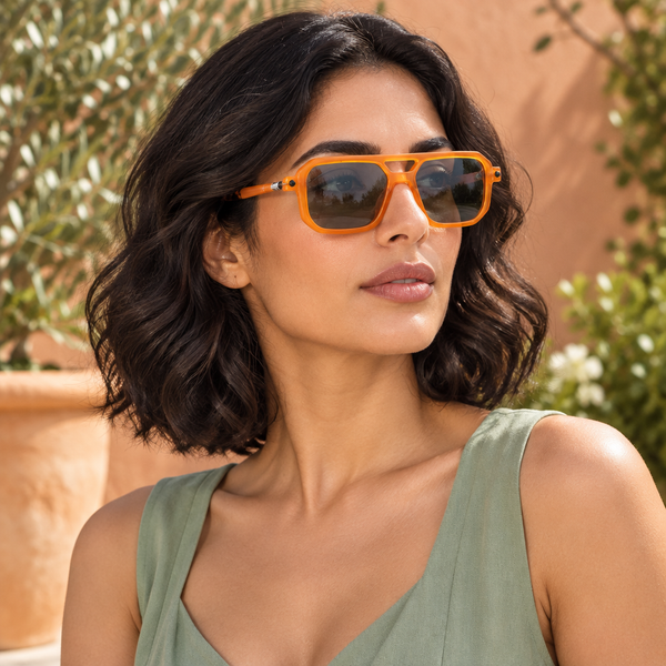 Femme portant les lunettes Physalis en acétate orange