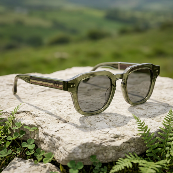 Lunettes Dublin sur une pierre parmi des trèfles et des fougères