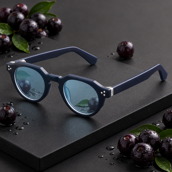 Lunettes Jaboticaba à verres bleu clair transparents près de fruits jaboticaba