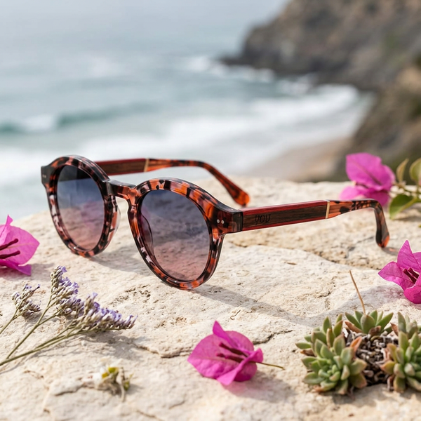 Lunettes Lisbonne sur une pierre parmi des fleurs de bougainvillier