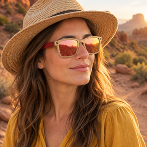 Moukaite femme désert chapeau verres roses